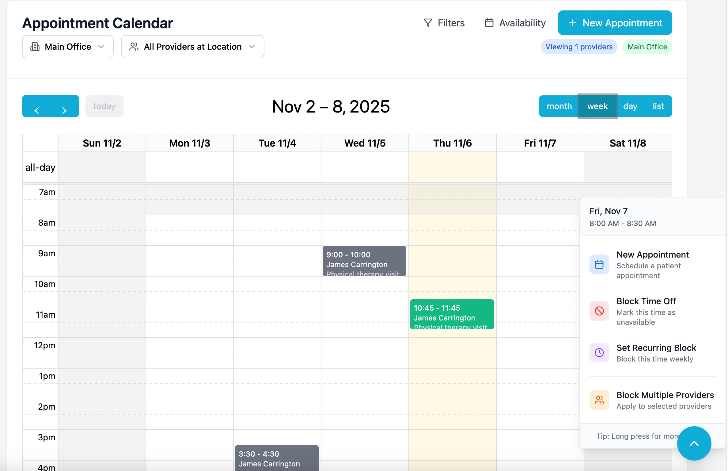 PrismEHR scheduling calendar and patient portal interface